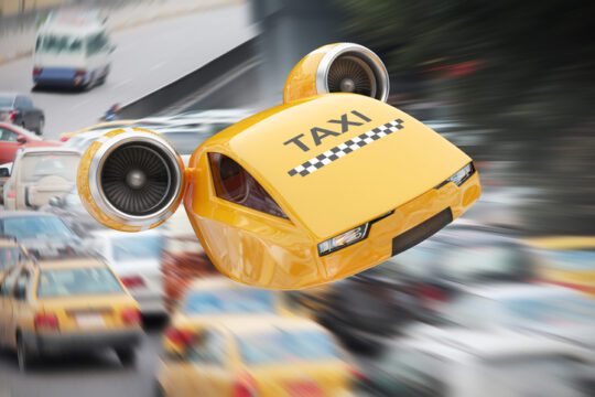 High-speed taxicab flying over traffic jams